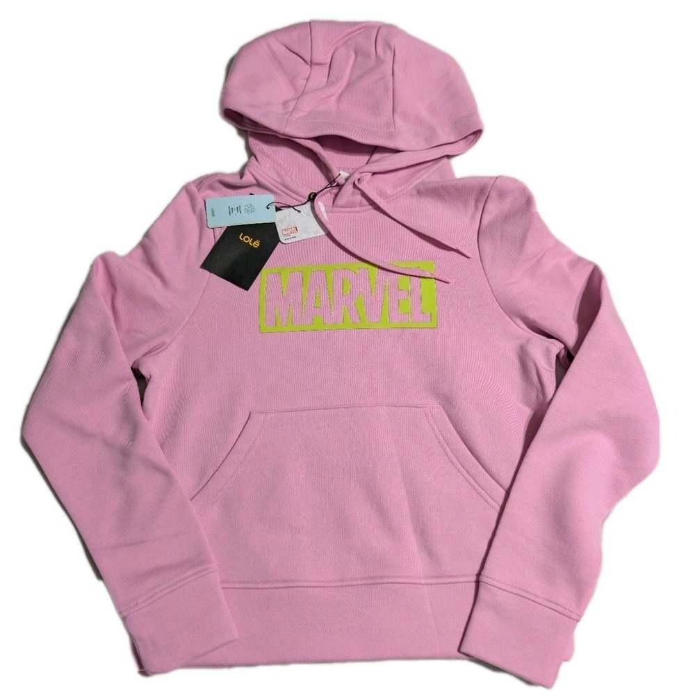 Lole x Marvel Icon Hoodie Womens XS Pink Graphic Pullover NWT Athletic Fleece